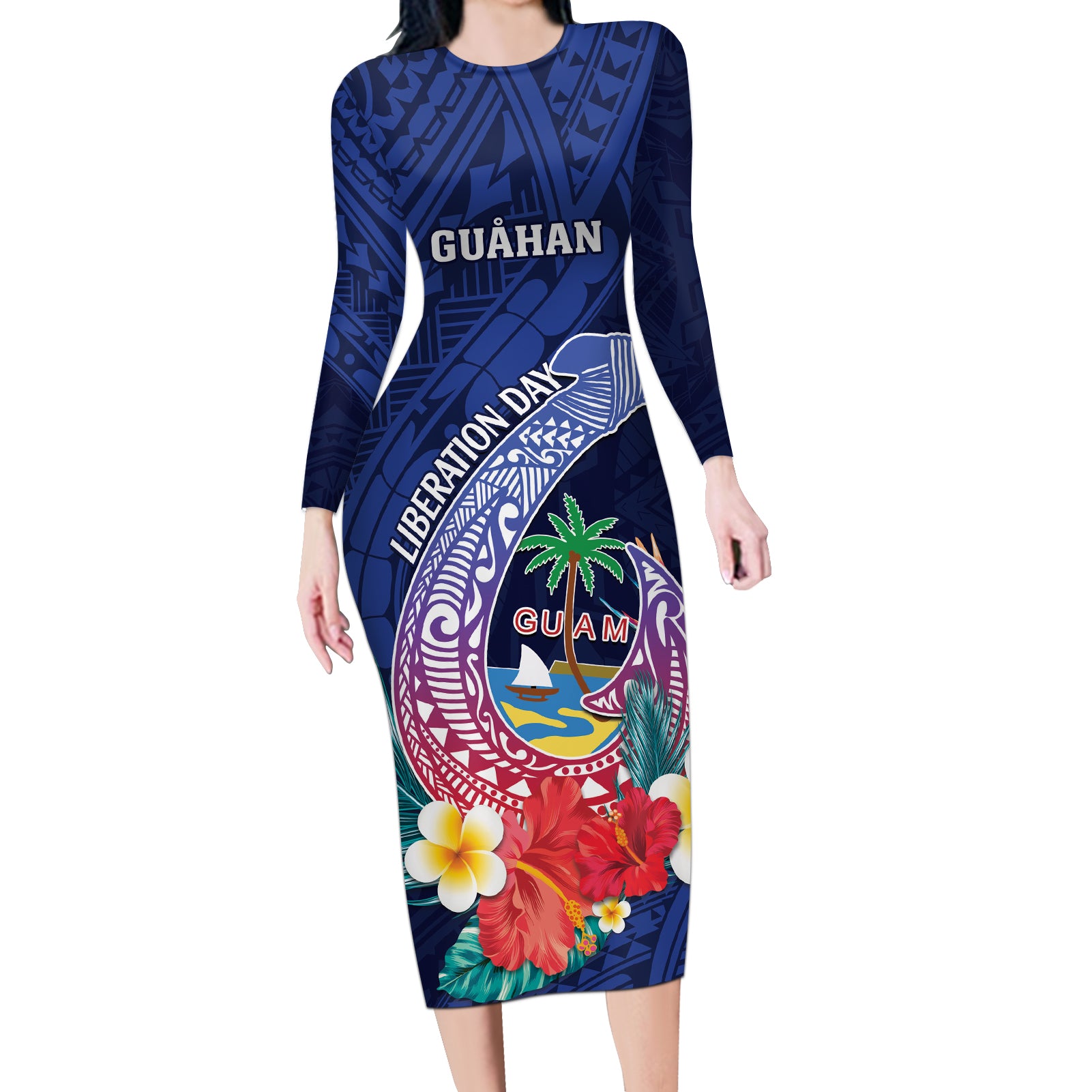 Personalised Guam Liberation Day Long Sleeve Bodycon Dress Happy 80th Anniversary Fish Hook Mix Tropical Flowers