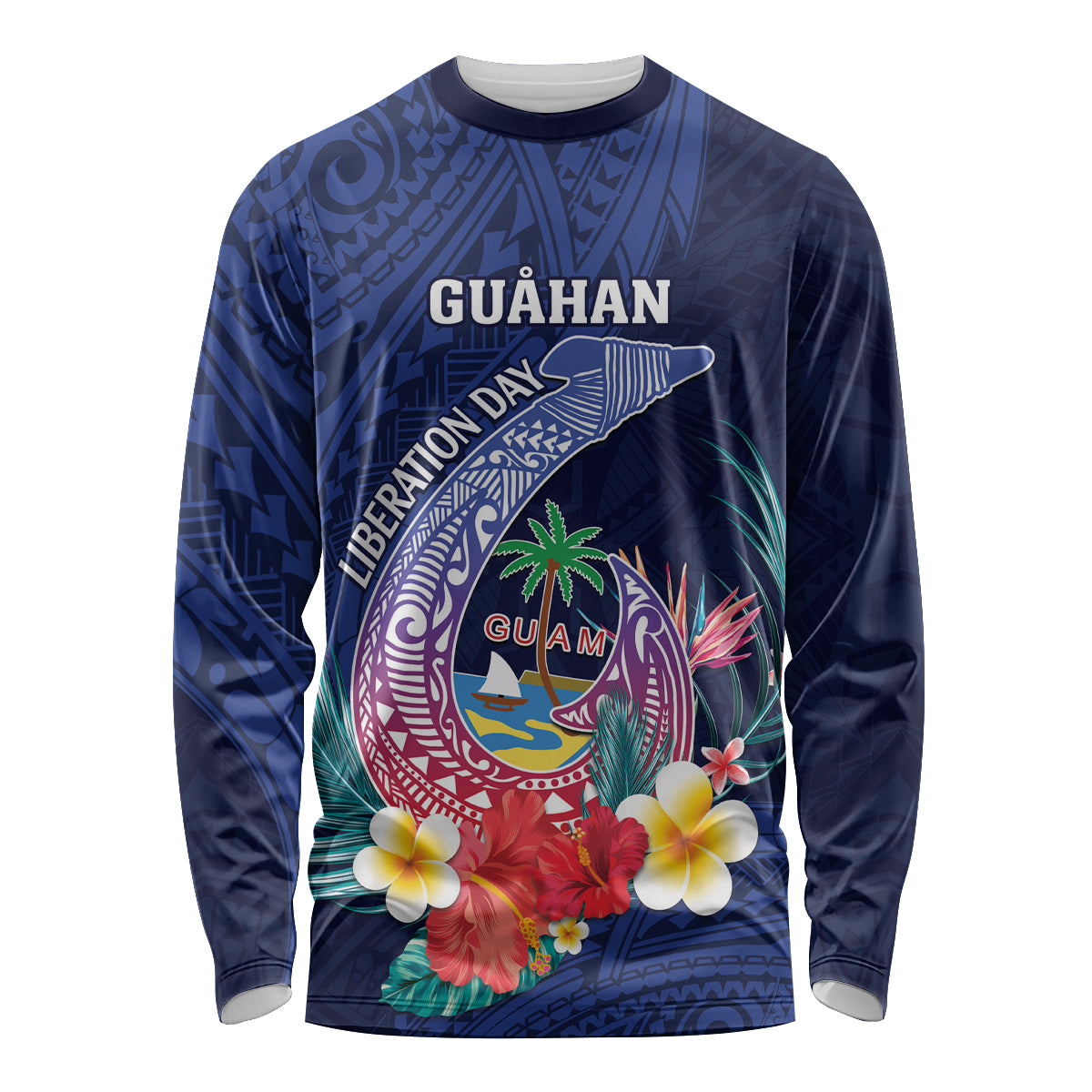 Personalised Guam Liberation Day Long Sleeve Shirt Happy 80th Anniversary Fish Hook Mix Tropical Flowers