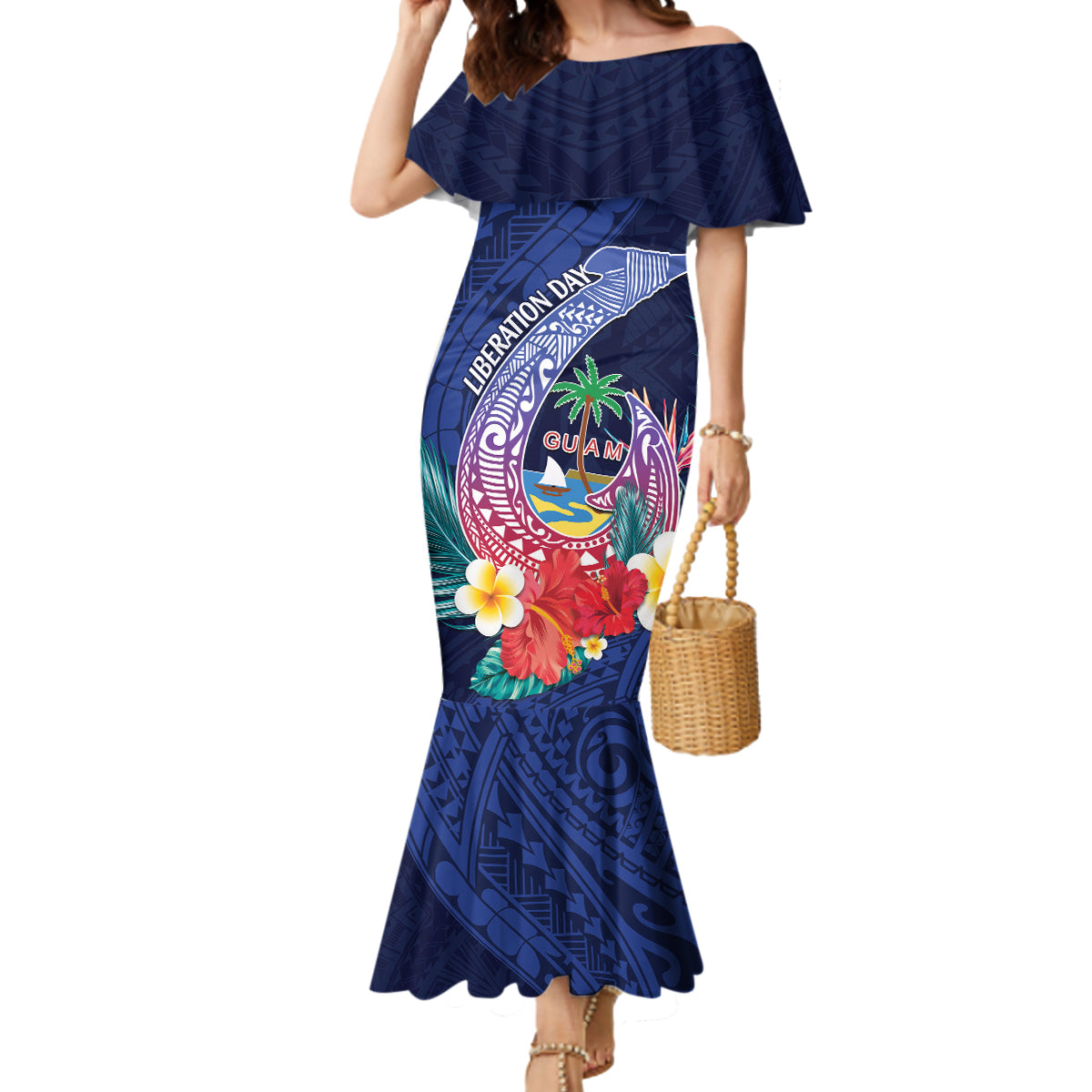 Personalised Guam Liberation Day Mermaid Dress Happy 80th Anniversary Fish Hook Mix Tropical Flowers