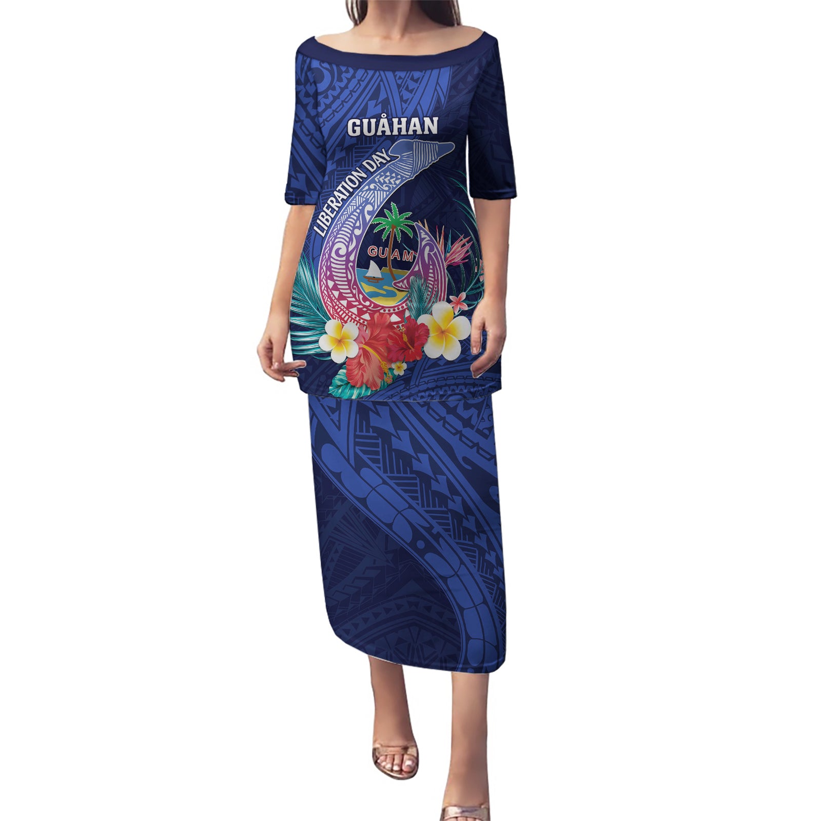 Personalised Guam Liberation Day Puletasi Happy 80th Anniversary Fish Hook Mix Tropical Flowers