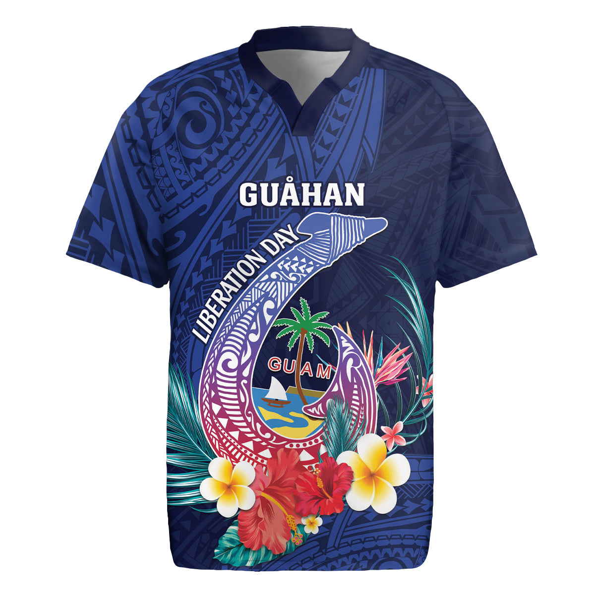 Personalised Guam Liberation Day Rugby Jersey Happy 80th Anniversary Fish Hook Mix Tropical Flowers