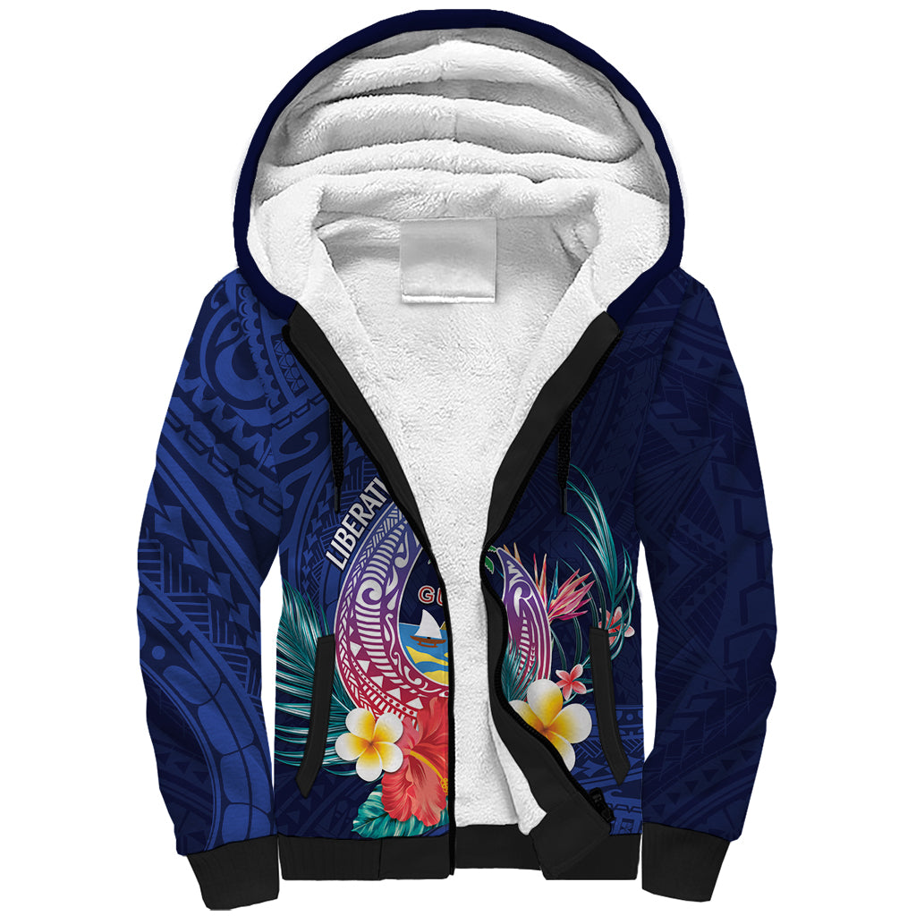 Personalised Guam Liberation Day Sherpa Hoodie Happy 80th Anniversary Fish Hook Mix Tropical Flowers