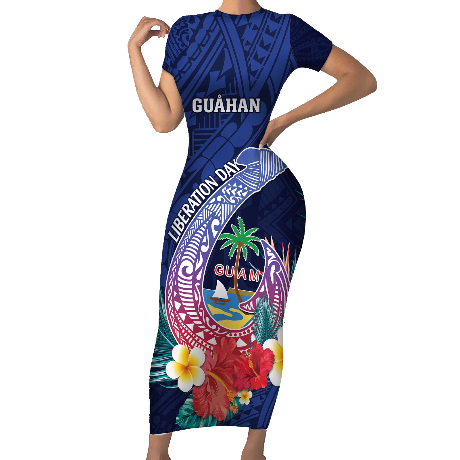 Personalised Guam Liberation Day Short Sleeve Bodycon Dress Happy 80th Anniversary Fish Hook Mix Tropical Flowers