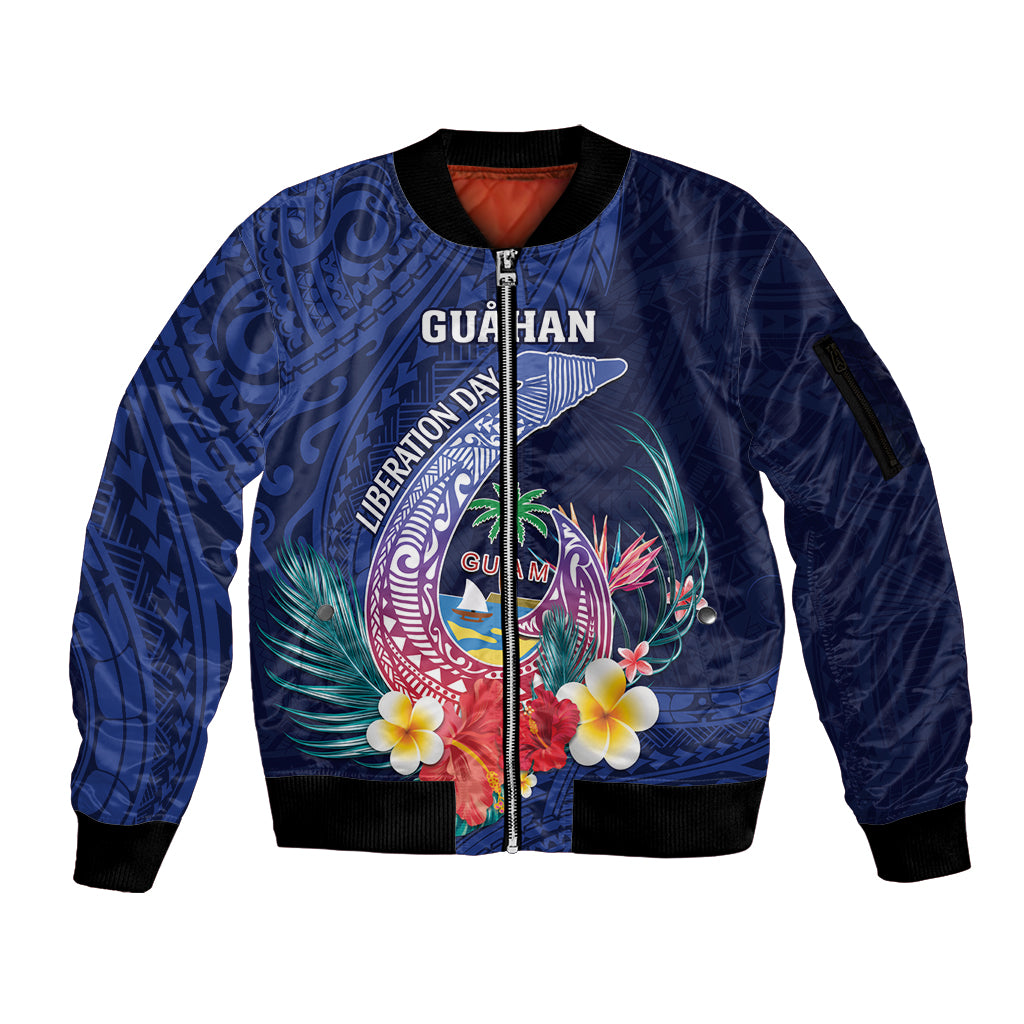 Personalised Guam Liberation Day Sleeve Zip Bomber Jacket Happy 80th Anniversary Fish Hook Mix Tropical Flowers