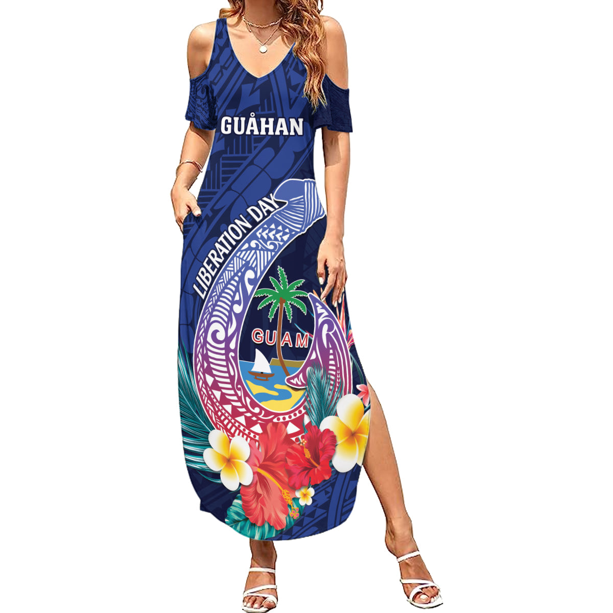 Personalised Guam Liberation Day Summer Maxi Dress Happy 80th Anniversary Fish Hook Mix Tropical Flowers