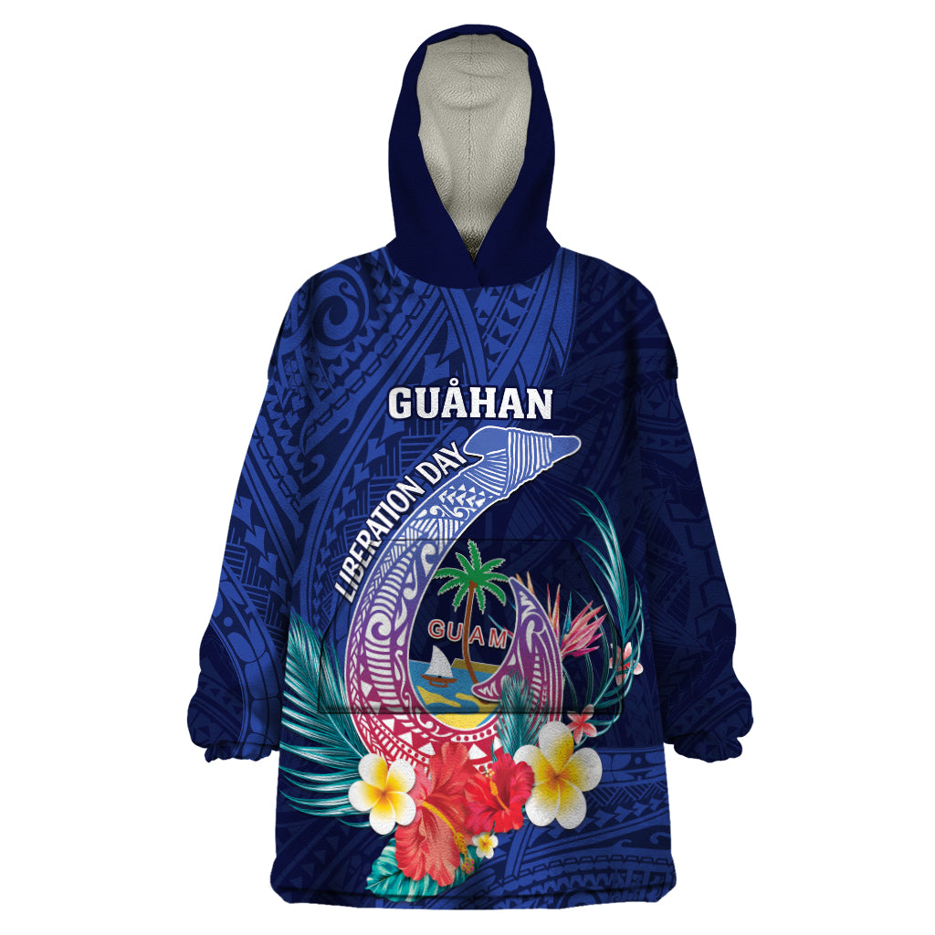 Personalised Guam Liberation Day Wearable Blanket Hoodie Happy 80th Anniversary Fish Hook Mix Tropical Flowers