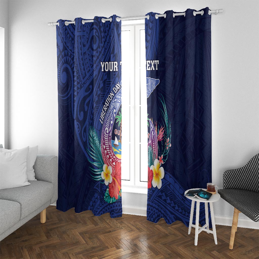 Personalised Guam Liberation Day Window Curtain Happy 80th Anniversary Fish Hook Mix Tropical Flowers LT14 With Grommets Blue - Polynesian Pride
