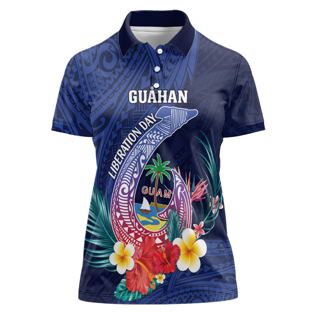 Personalised Guam Liberation Day Women Polo Shirt Happy 80th Anniversary Fish Hook Mix Tropical Flowers