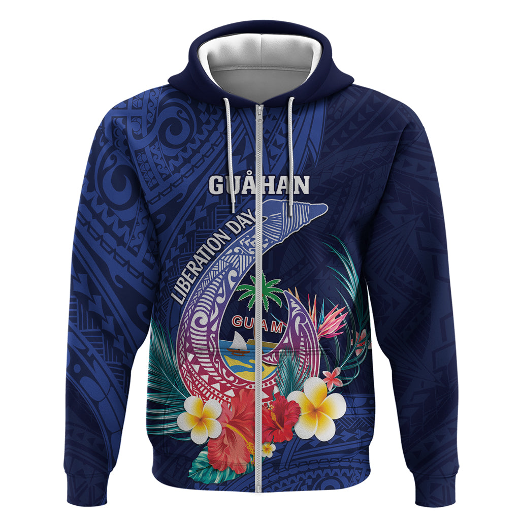 Personalised Guam Liberation Day Zip Hoodie Happy 80th Anniversary Fish Hook Mix Tropical Flowers