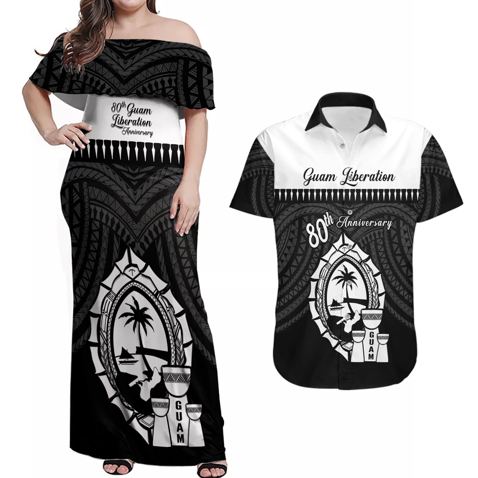 Guam Liberation Day Couples Matching Off Shoulder Maxi Dress and Hawaiian Shirt Biba Guahan Chamorro 80th Anniversary - Black