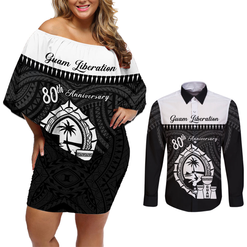 Guam Liberation Day Couples Matching Off Shoulder Short Dress and Long Sleeve Button Shirt Biba Guahan Chamorro 80th Anniversary - Black