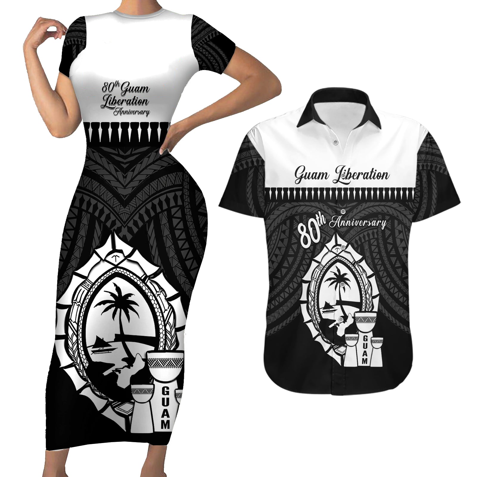 Guam Liberation Day Couples Matching Short Sleeve Bodycon Dress and Hawaiian Shirt Biba Guahan Chamorro 80th Anniversary - Black