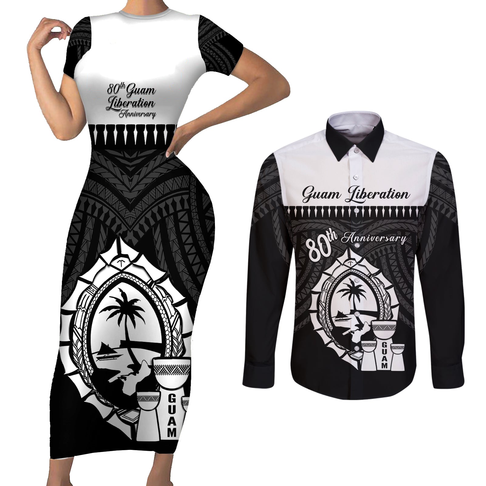 Guam Liberation Day Couples Matching Short Sleeve Bodycon Dress and Long Sleeve Button Shirt Biba Guahan Chamorro 80th Anniversary - Black