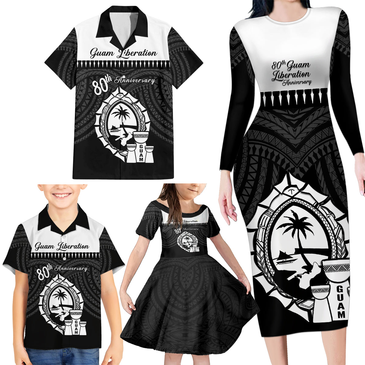 Guam Liberation Day Family Matching Long Sleeve Bodycon Dress and Hawaiian Shirt Biba Guahan Chamorro 80th Anniversary - Black