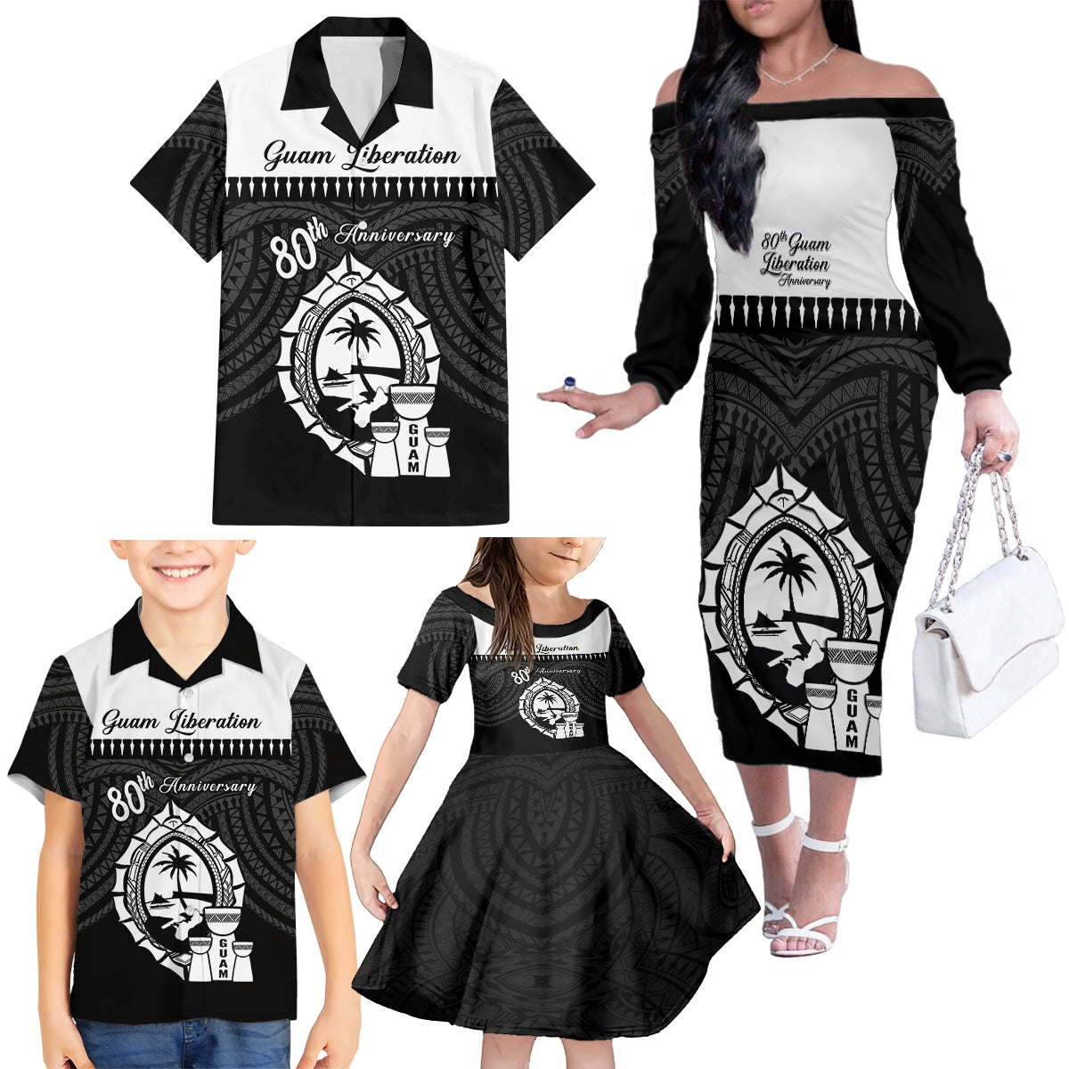 Guam Liberation Day Family Matching Off The Shoulder Long Sleeve Dress and Hawaiian Shirt Biba Guahan Chamorro 80th Anniversary - Black