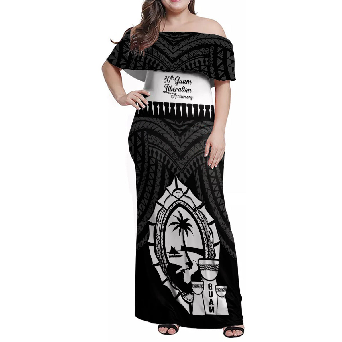 Guam Liberation Day Family Matching Off Shoulder Maxi Dress and Hawaiian Shirt Biba Guahan Chamorro 80th Anniversary - Black