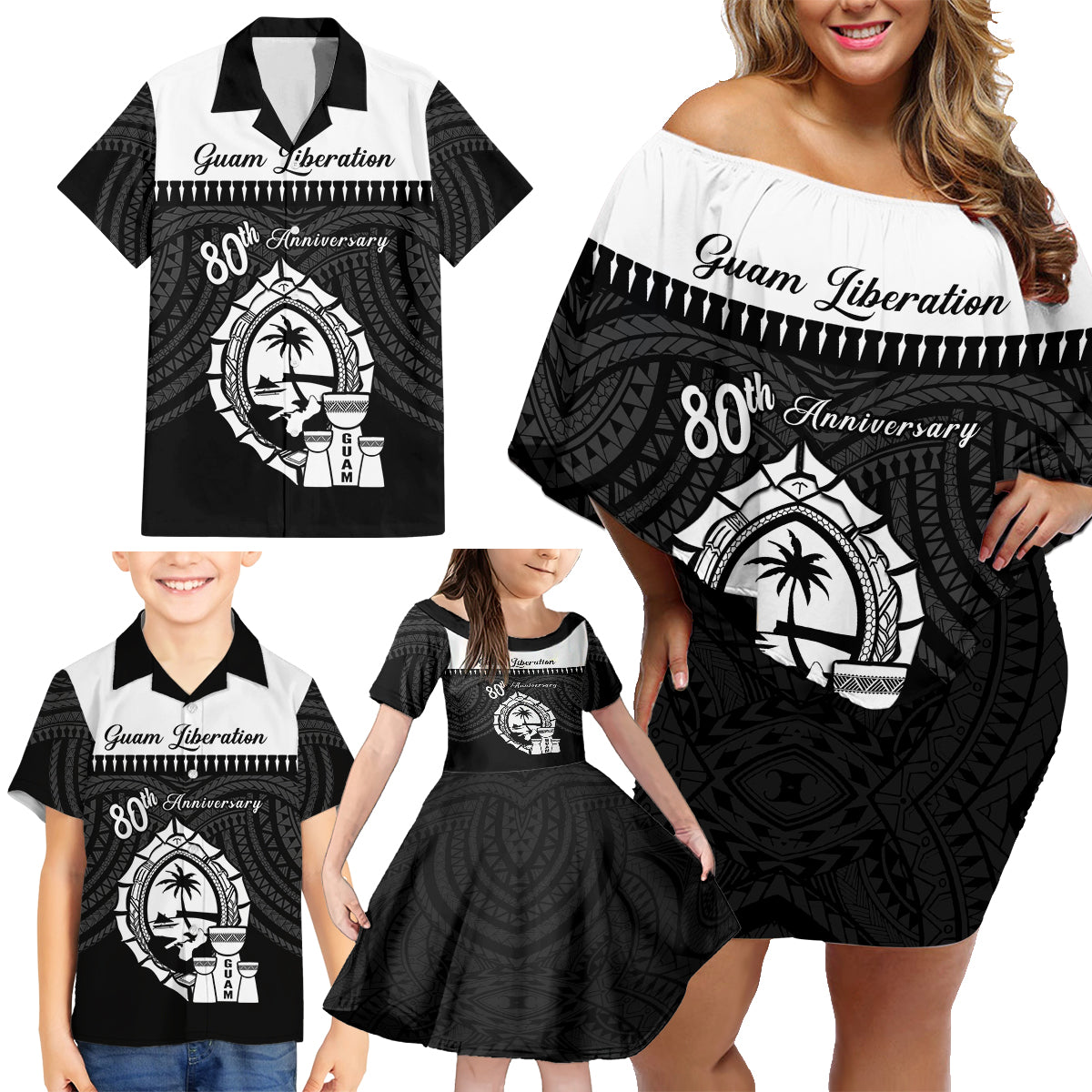 Guam Liberation Day Family Matching Off Shoulder Short Dress and Hawaiian Shirt Biba Guahan Chamorro 80th Anniversary - Black