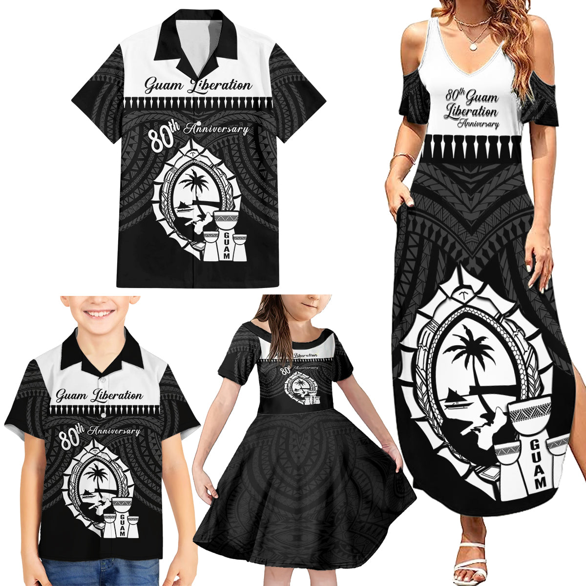 Guam Liberation Day Family Matching Summer Maxi Dress and Hawaiian Shirt Biba Guahan Chamorro 80th Anniversary - Black