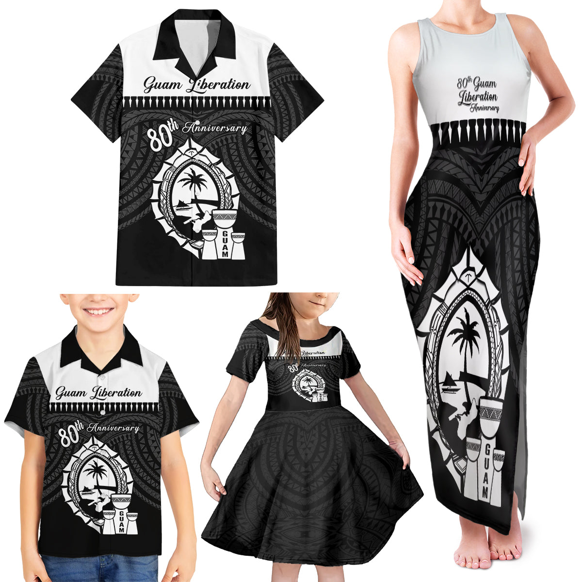 Guam Liberation Day Family Matching Tank Maxi Dress and Hawaiian Shirt Biba Guahan Chamorro 80th Anniversary - Black