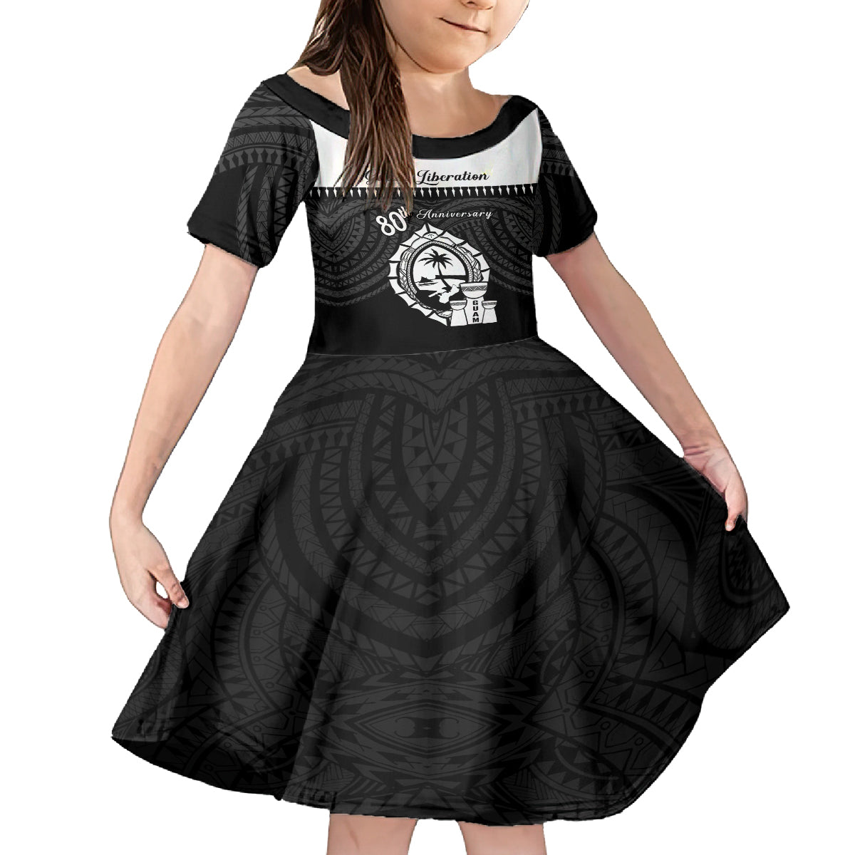 Guam Liberation Day Kid Short Sleeve Dress Biba Guahan Chamorro 80th Anniversary - Black