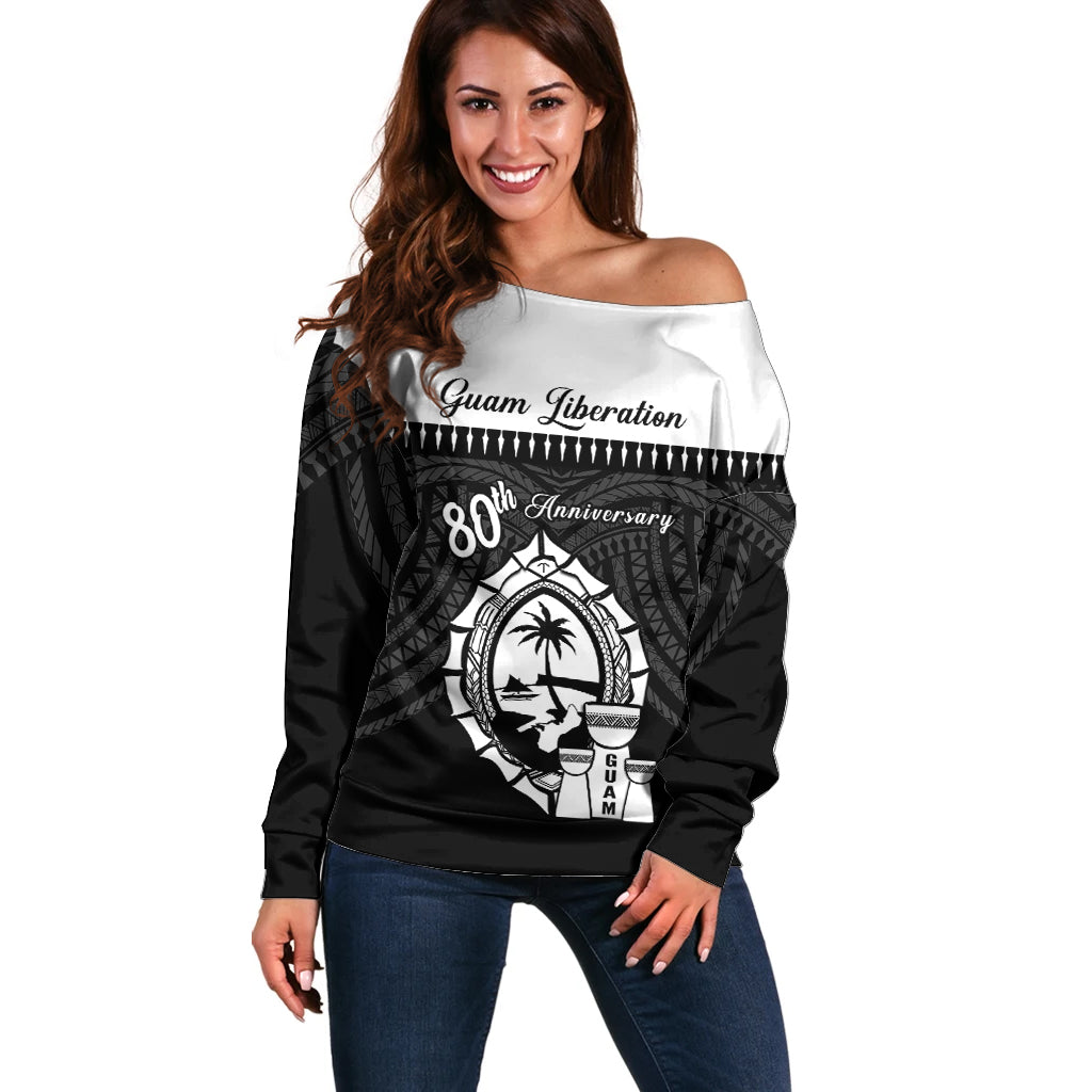 Guam Liberation Day Off Shoulder Sweater Biba Guahan Chamorro 80th Anniversary - Black