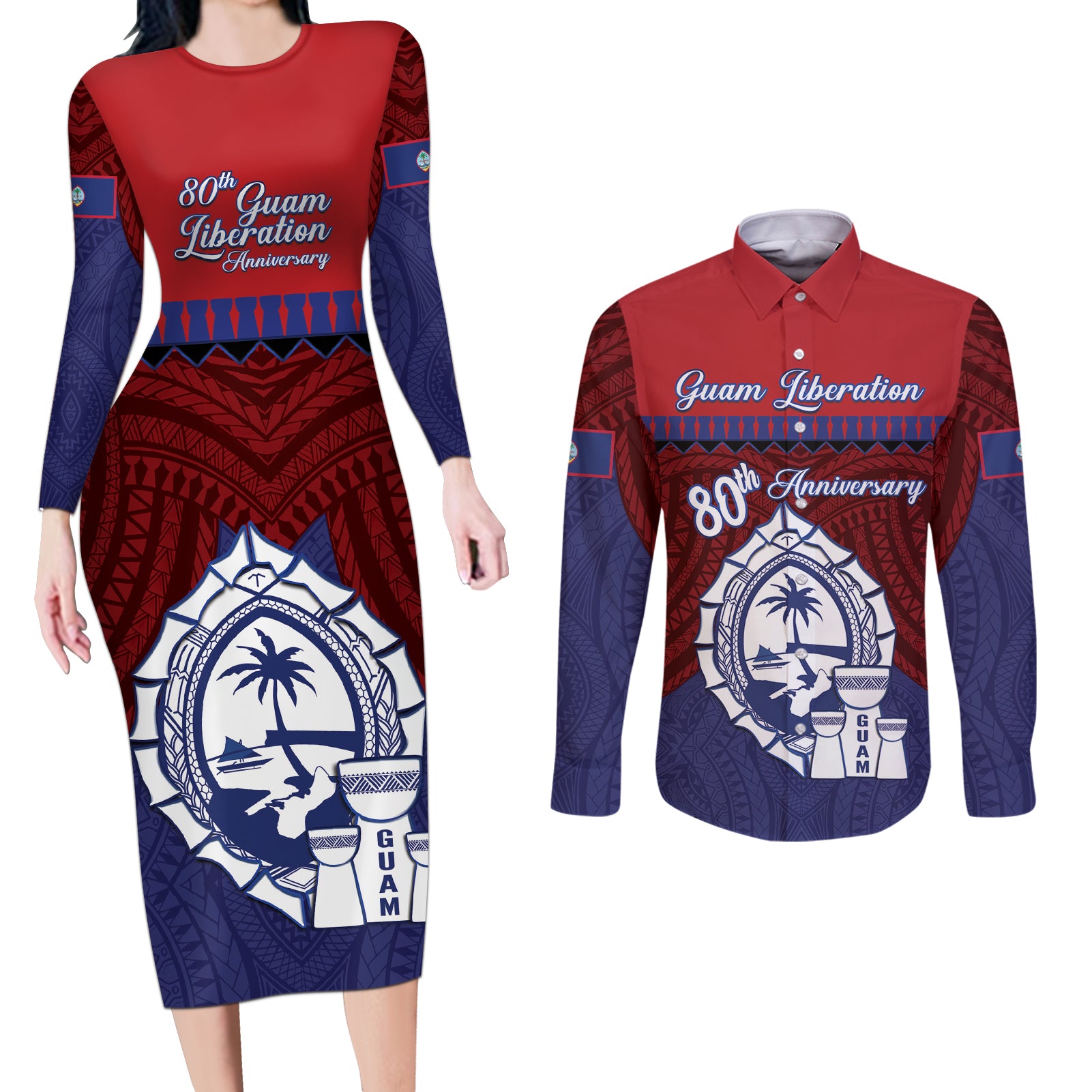 Guam Liberation Day Couples Matching Long Sleeve Bodycon Dress and Long Sleeve Button Shirt Biba Guahan Chamorro 80th Anniversary - Blue