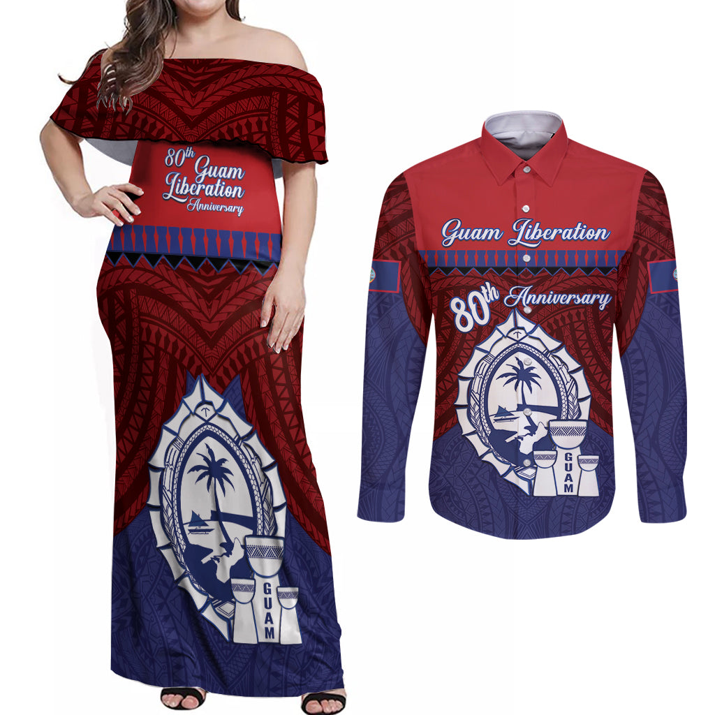 Guam Liberation Day Couples Matching Off Shoulder Maxi Dress and Long Sleeve Button Shirt Biba Guahan Chamorro 80th Anniversary - Blue