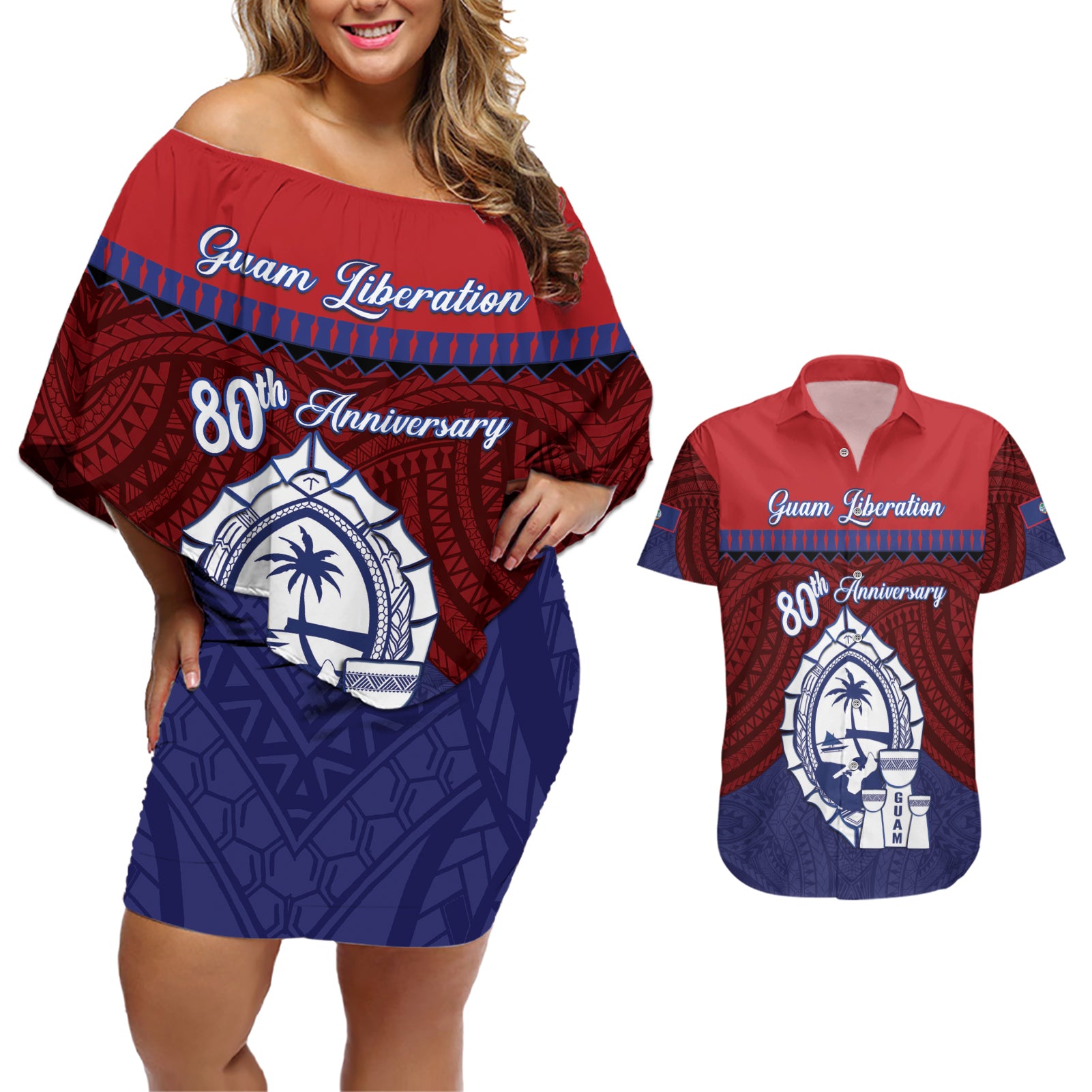 Guam Liberation Day Couples Matching Off Shoulder Short Dress and Hawaiian Shirt Biba Guahan Chamorro 80th Anniversary - Blue