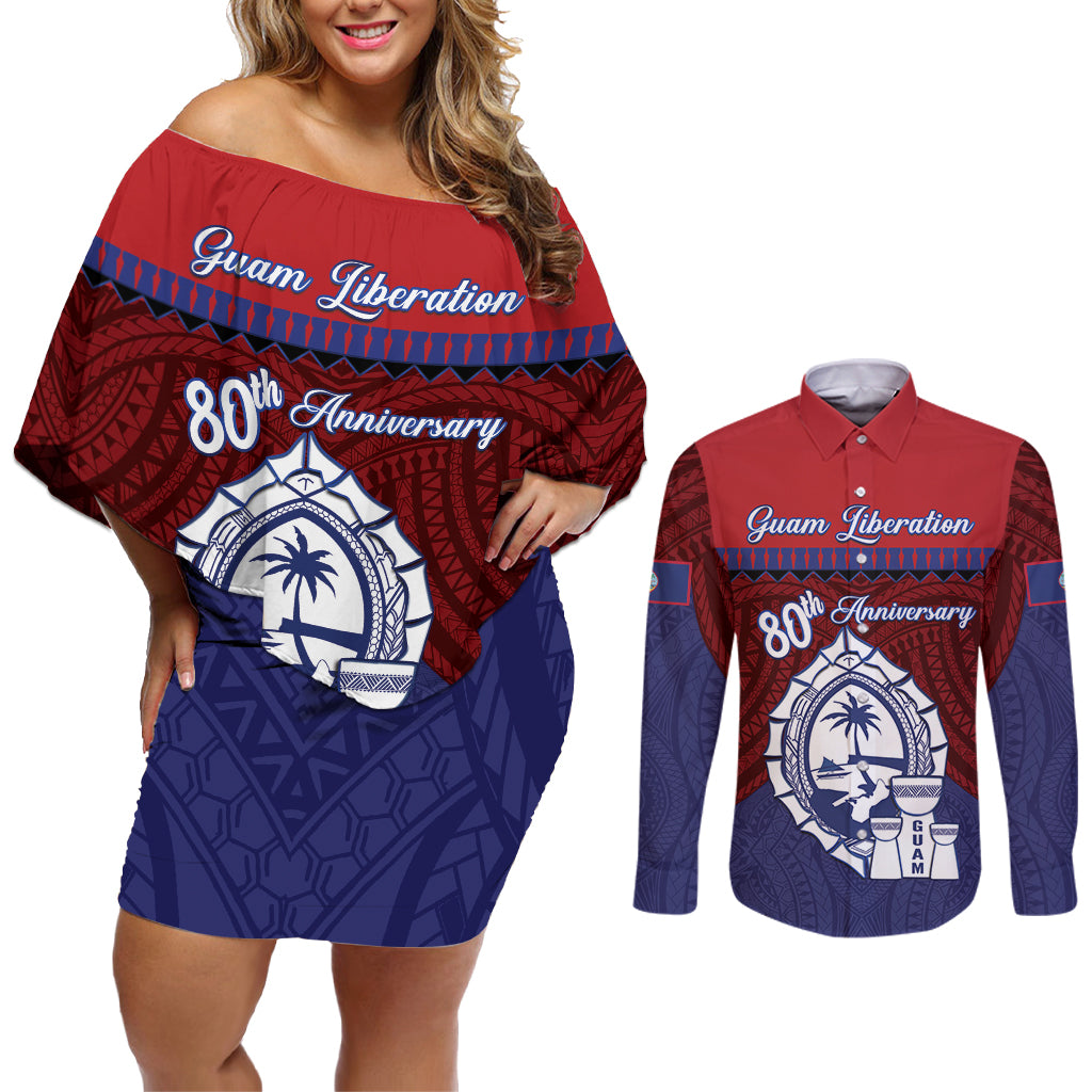 Guam Liberation Day Couples Matching Off Shoulder Short Dress and Long Sleeve Button Shirt Biba Guahan Chamorro 80th Anniversary - Blue