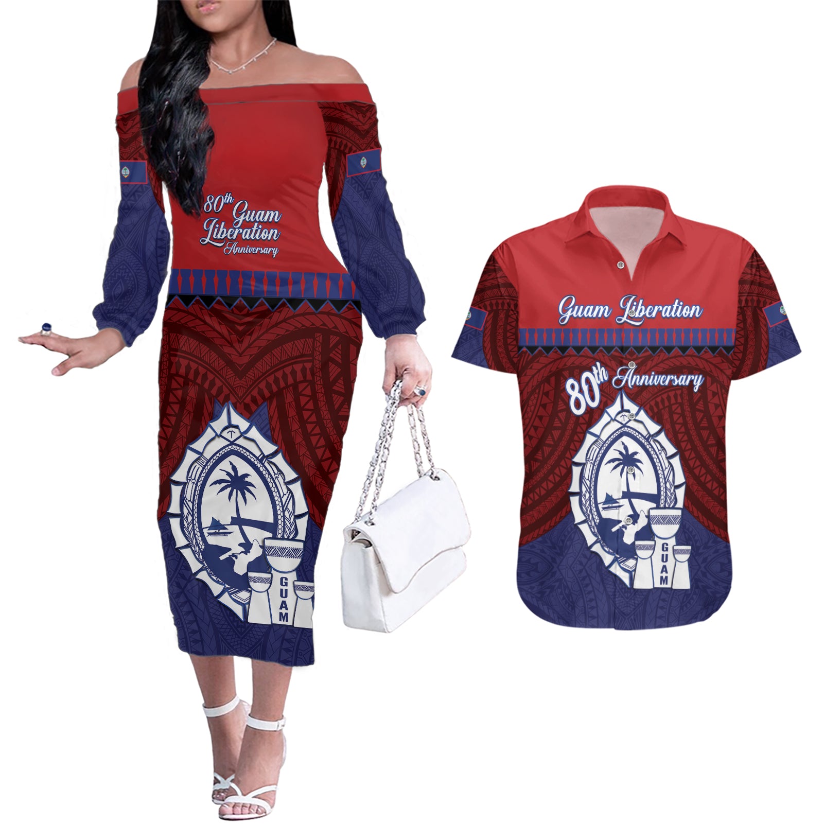 Guam Liberation Day Couples Matching Off The Shoulder Long Sleeve Dress and Hawaiian Shirt Biba Guahan Chamorro 80th Anniversary - Blue