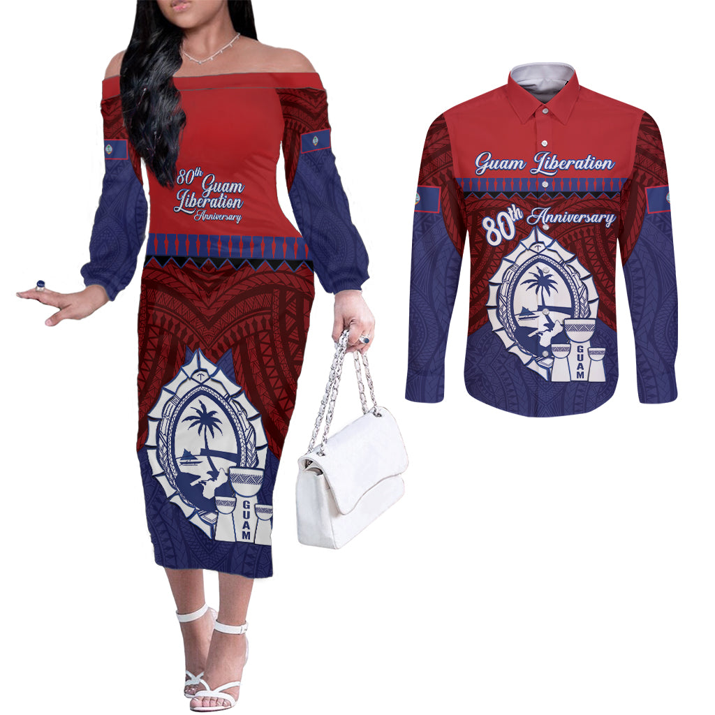 Guam Liberation Day Couples Matching Off The Shoulder Long Sleeve Dress and Long Sleeve Button Shirt Biba Guahan Chamorro 80th Anniversary - Blue