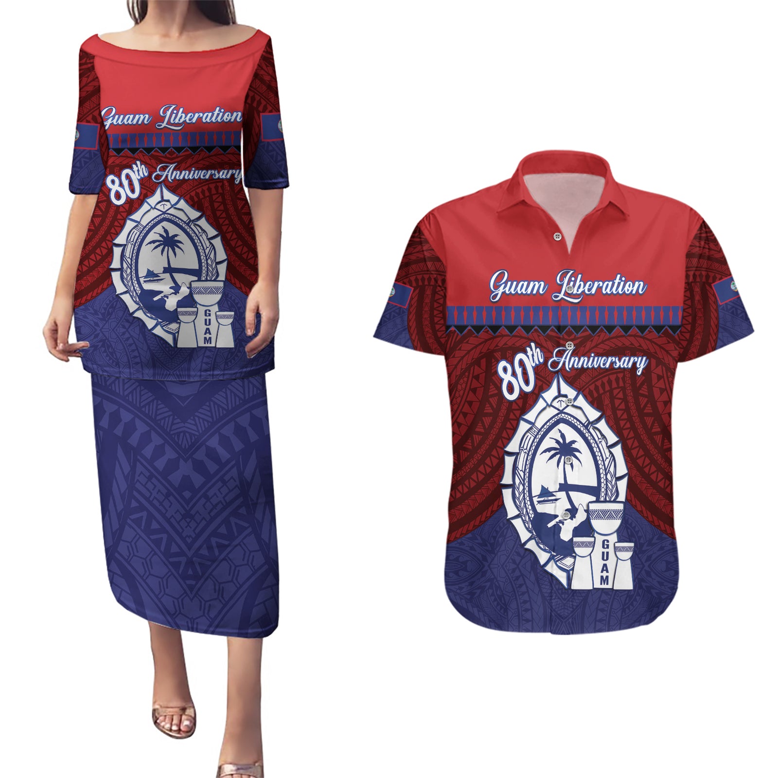 Guam Liberation Day Couples Matching Puletasi and Hawaiian Shirt Biba Guahan Chamorro 80th Anniversary - Blue LT14 Blue - Polynesian Pride