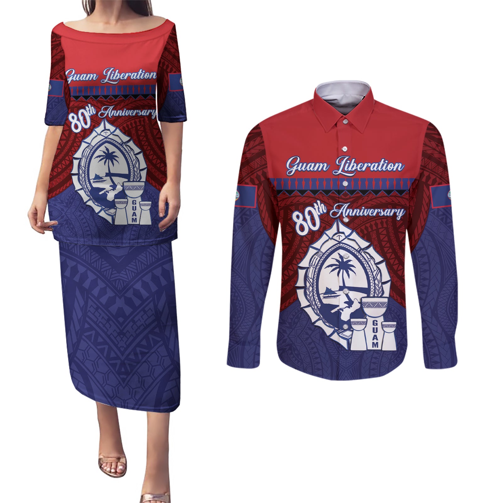 Guam Liberation Day Couples Matching Puletasi and Long Sleeve Button Shirt Biba Guahan Chamorro 80th Anniversary - Blue