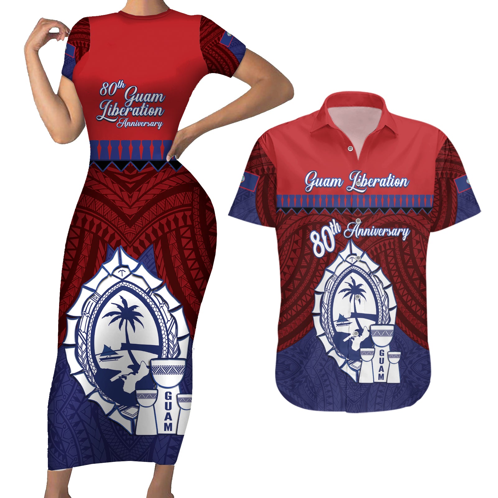 Guam Liberation Day Couples Matching Short Sleeve Bodycon Dress and Hawaiian Shirt Biba Guahan Chamorro 80th Anniversary - Blue