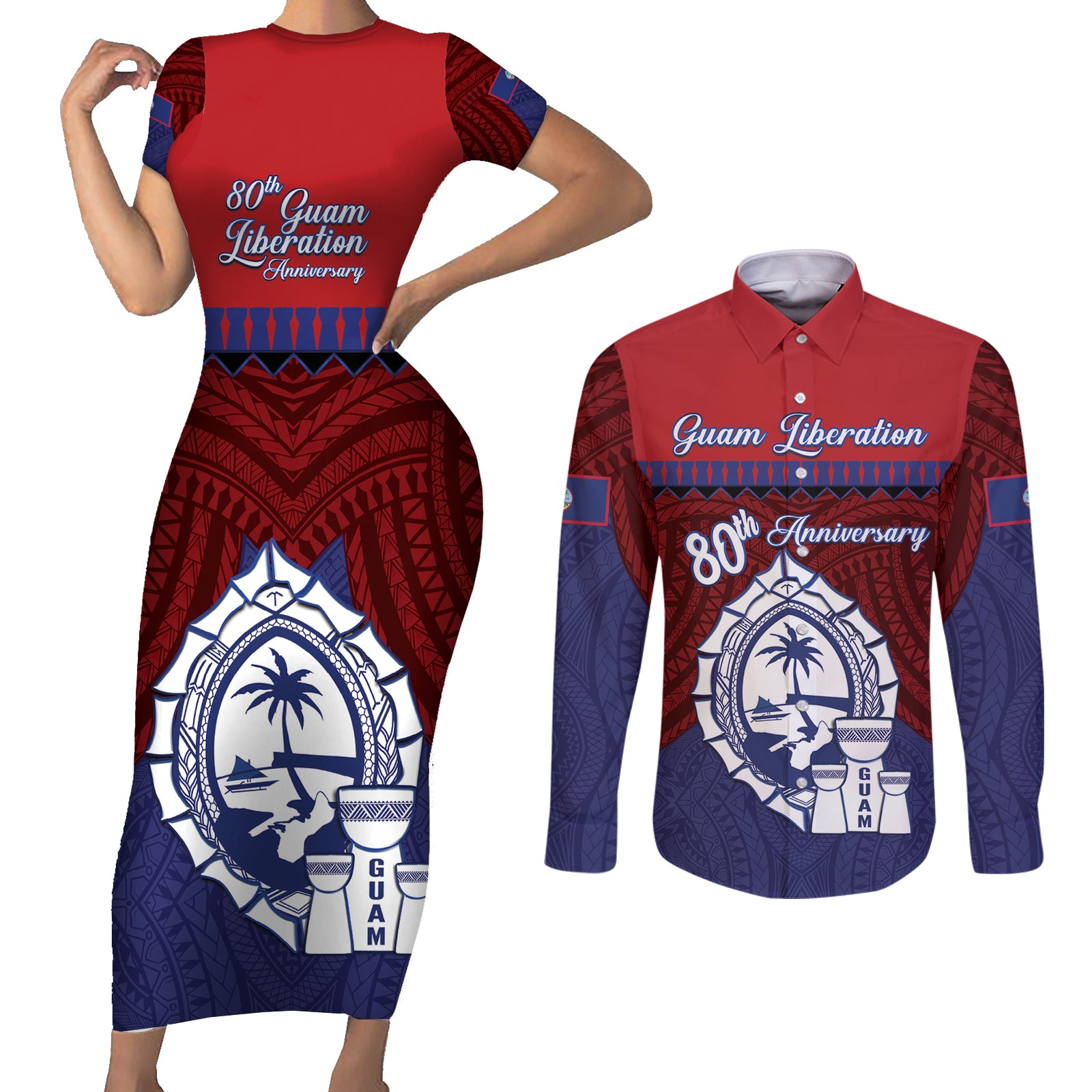 Guam Liberation Day Couples Matching Short Sleeve Bodycon Dress and Long Sleeve Button Shirt Biba Guahan Chamorro 80th Anniversary - Blue LT14 Blue - Polynesian Pride