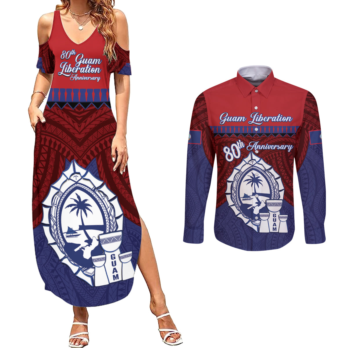 Guam Liberation Day Couples Matching Summer Maxi Dress and Long Sleeve Button Shirt Biba Guahan Chamorro 80th Anniversary - Blue