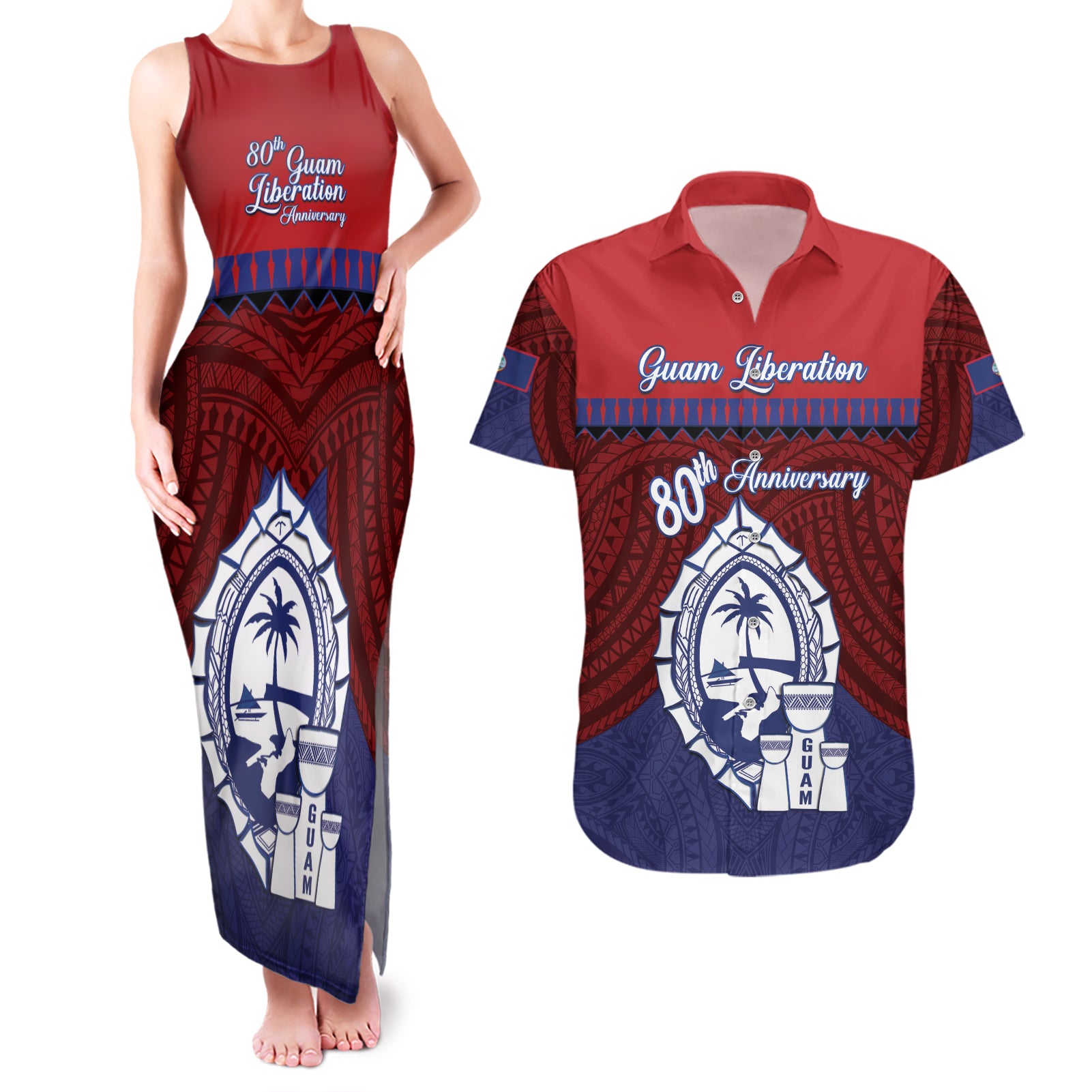 Guam Liberation Day Couples Matching Tank Maxi Dress and Hawaiian Shirt Biba Guahan Chamorro 80th Anniversary - Blue