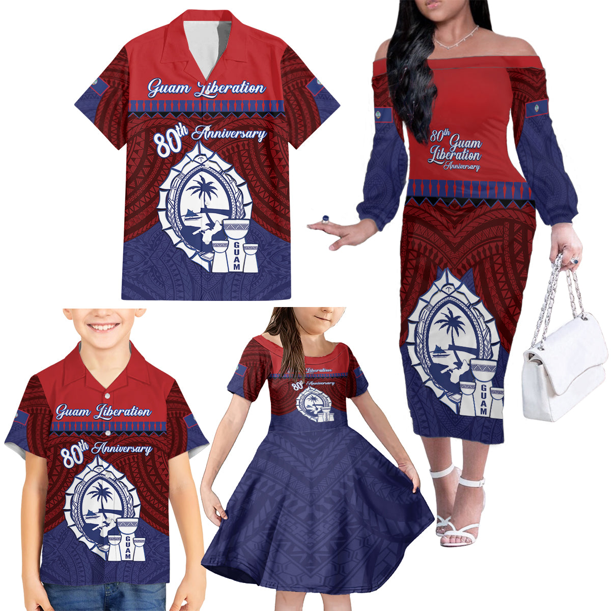 Guam Liberation Day Family Matching Off The Shoulder Long Sleeve Dress and Hawaiian Shirt Biba Guahan Chamorro 80th Anniversary - Blue