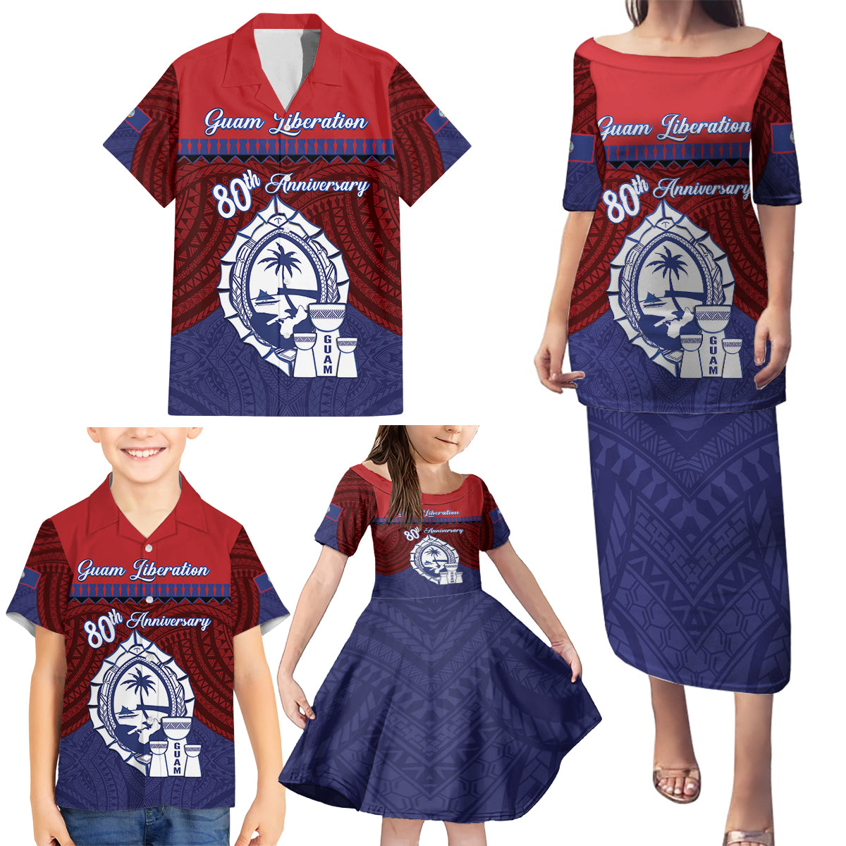 Guam Liberation Day Family Matching Puletasi and Hawaiian Shirt Biba Guahan Chamorro 80th Anniversary - Blue LT14 - Polynesian Pride
