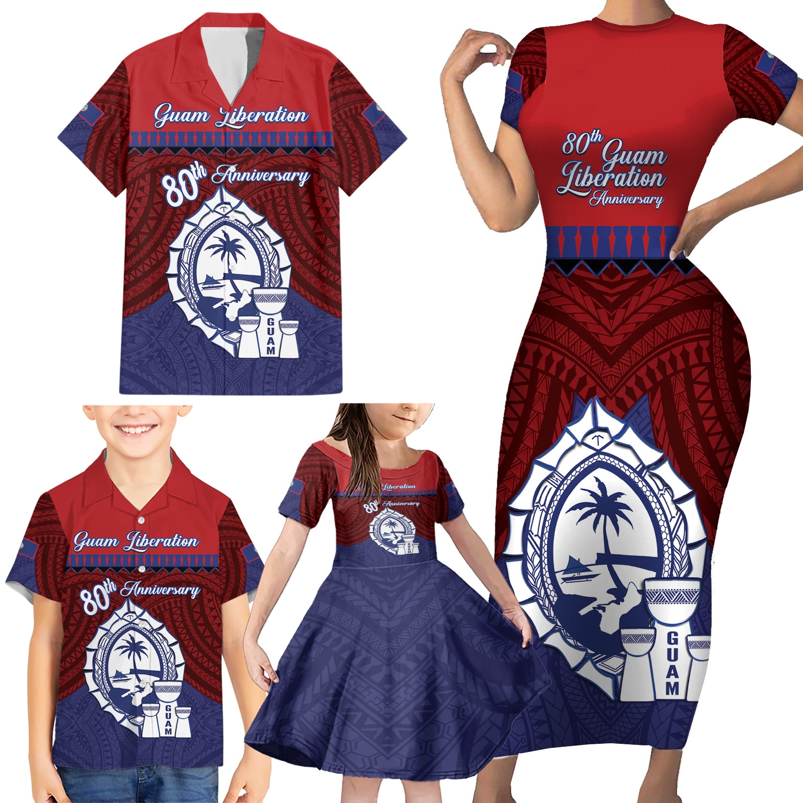 Guam Liberation Day Family Matching Short Sleeve Bodycon Dress and Hawaiian Shirt Biba Guahan Chamorro 80th Anniversary - Blue LT14 - Polynesian Pride