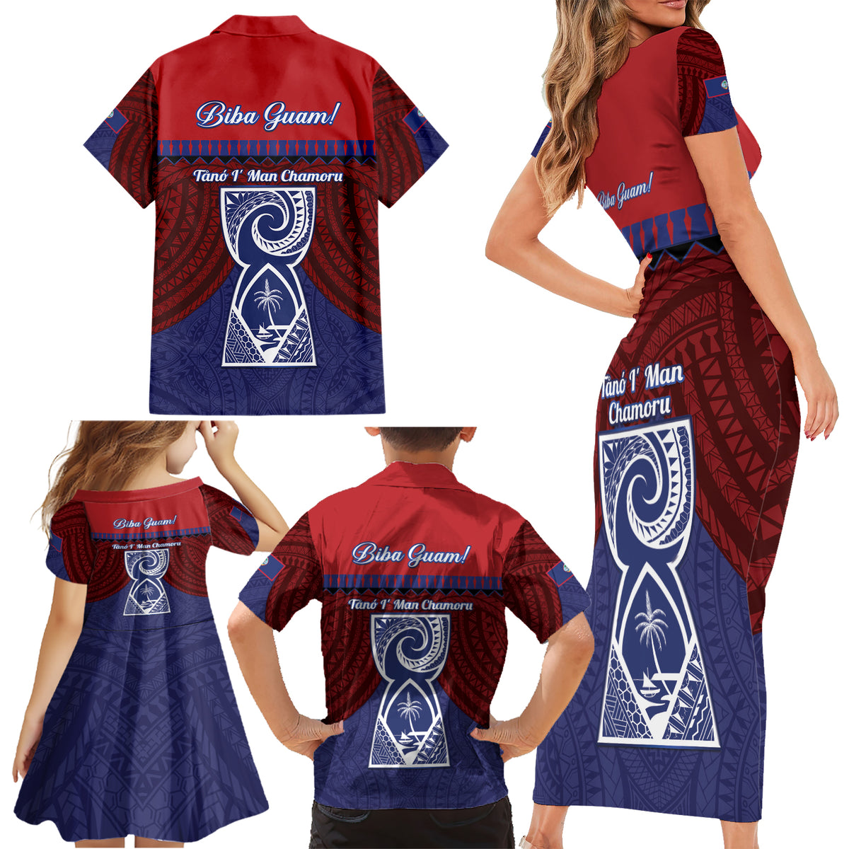Guam Liberation Day Family Matching Short Sleeve Bodycon Dress and Hawaiian Shirt Biba Guahan Chamorro 80th Anniversary - Blue