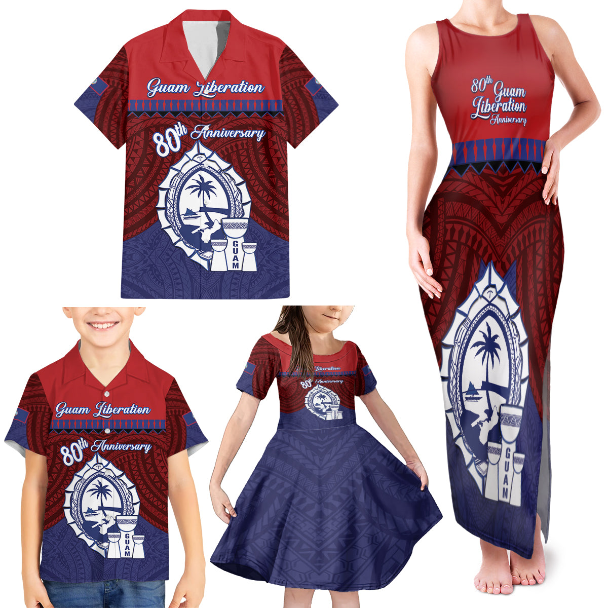 Guam Liberation Day Family Matching Tank Maxi Dress and Hawaiian Shirt Biba Guahan Chamorro 80th Anniversary - Blue