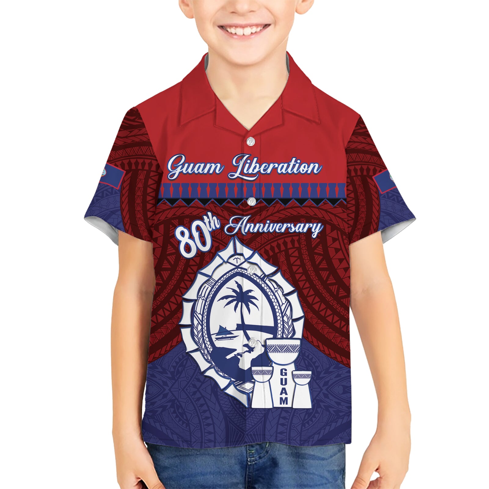 Guam Liberation Day Kid Hawaiian Shirt Biba Guahan Chamorro 80th Anniversary - Blue