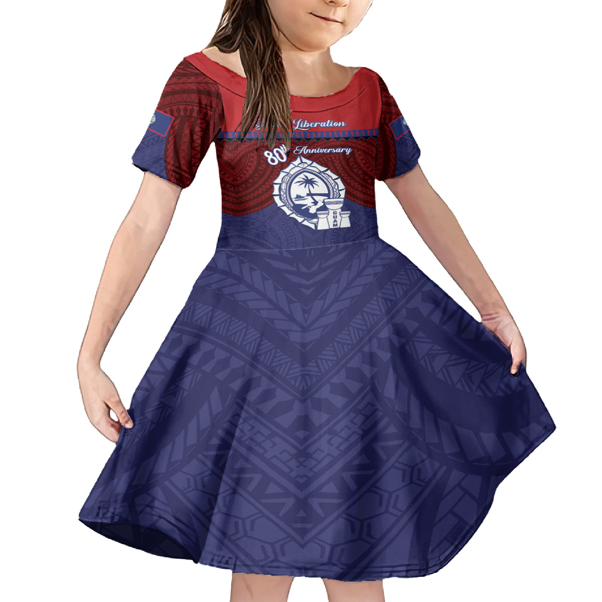 Guam Liberation Day Kid Short Sleeve Dress Biba Guahan Chamorro 80th Anniversary - Blue