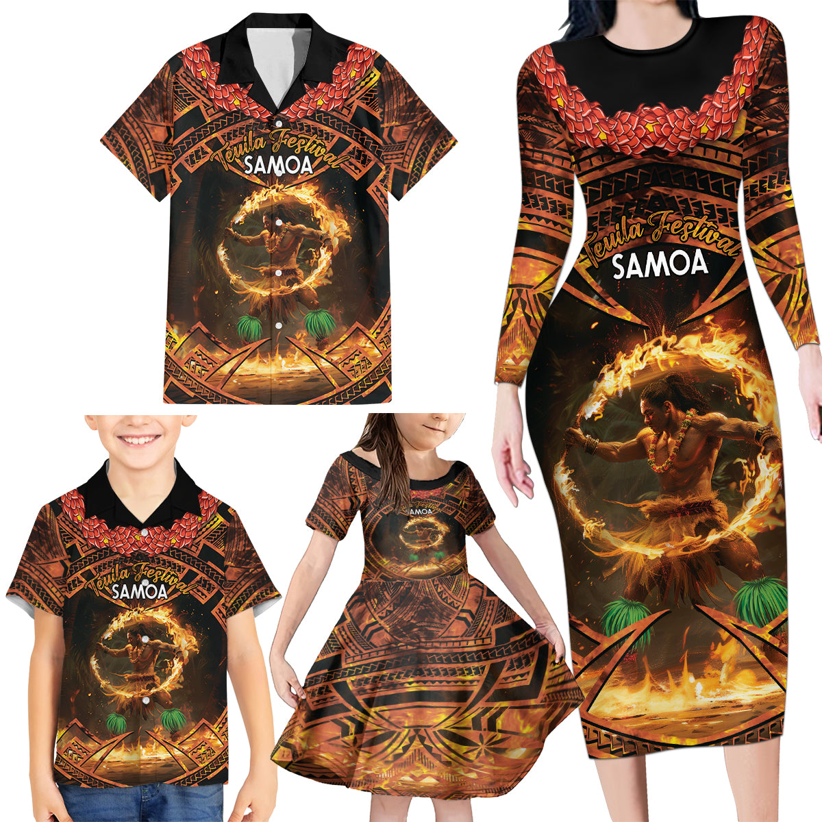 Samoa Teuila 2024 Festival Family Matching Long Sleeve Bodycon Dress and Hawaiian Shirt Samoan Siva Afi With Red Gingers