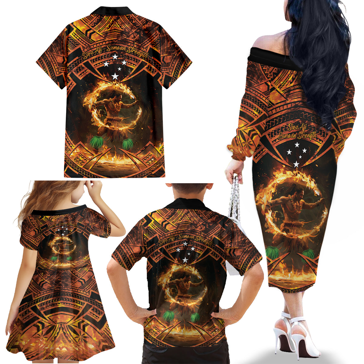 Samoa Teuila 2024 Festival Family Matching Off The Shoulder Long Sleeve Dress and Hawaiian Shirt Samoan Siva Afi With Red Gingers