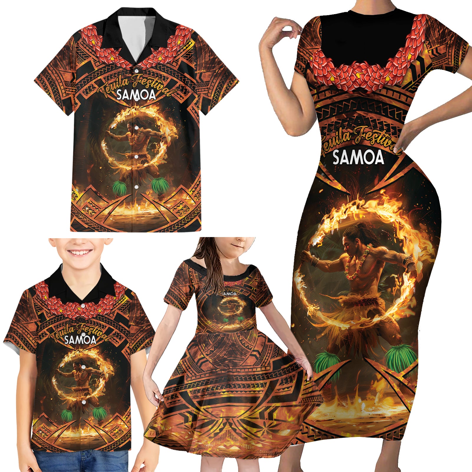 Samoa Teuila 2024 Festival Family Matching Short Sleeve Bodycon Dress and Hawaiian Shirt Samoan Siva Afi With Red Gingers