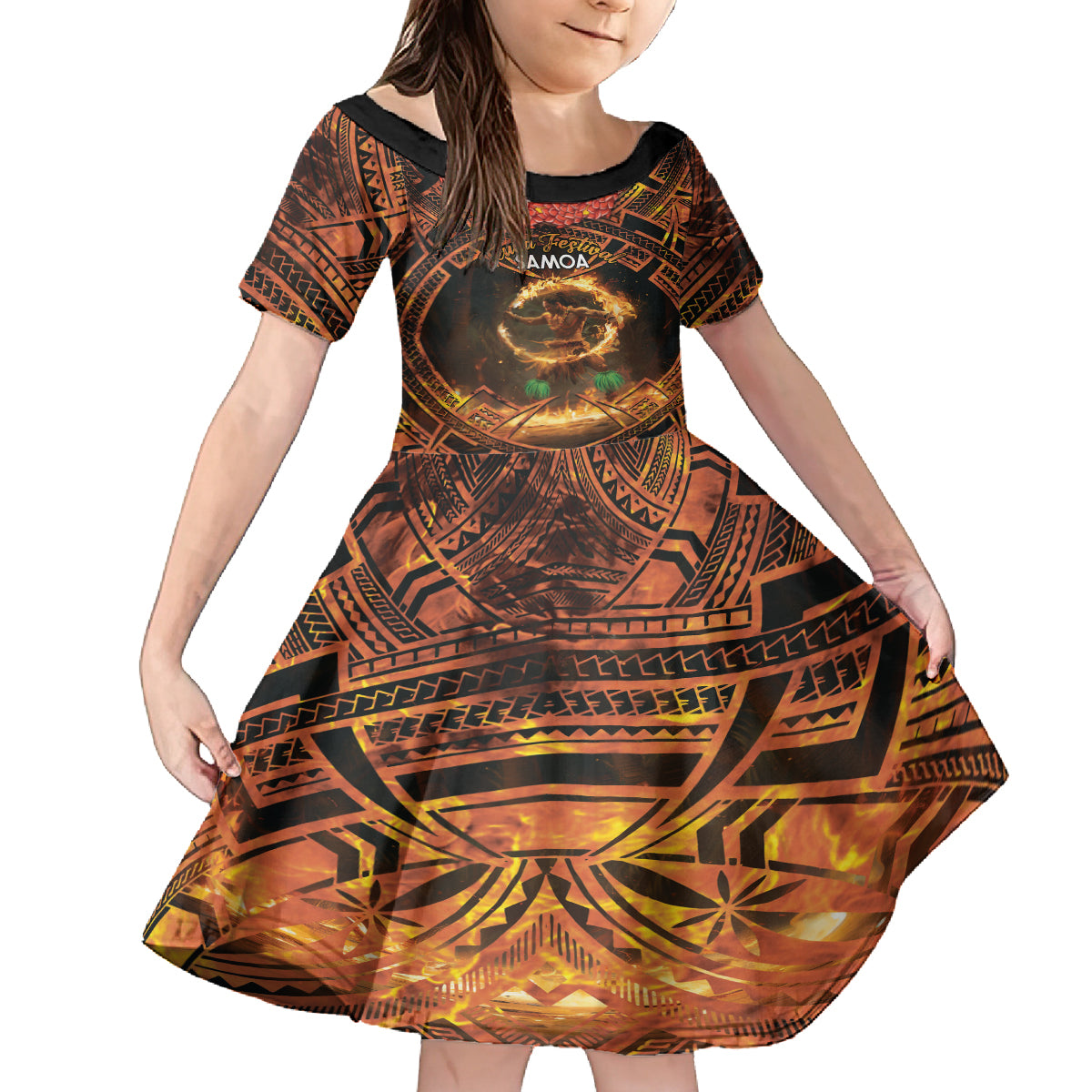 Samoa Teuila 2024 Festival Kid Short Sleeve Dress Samoan Siva Afi With Red Gingers