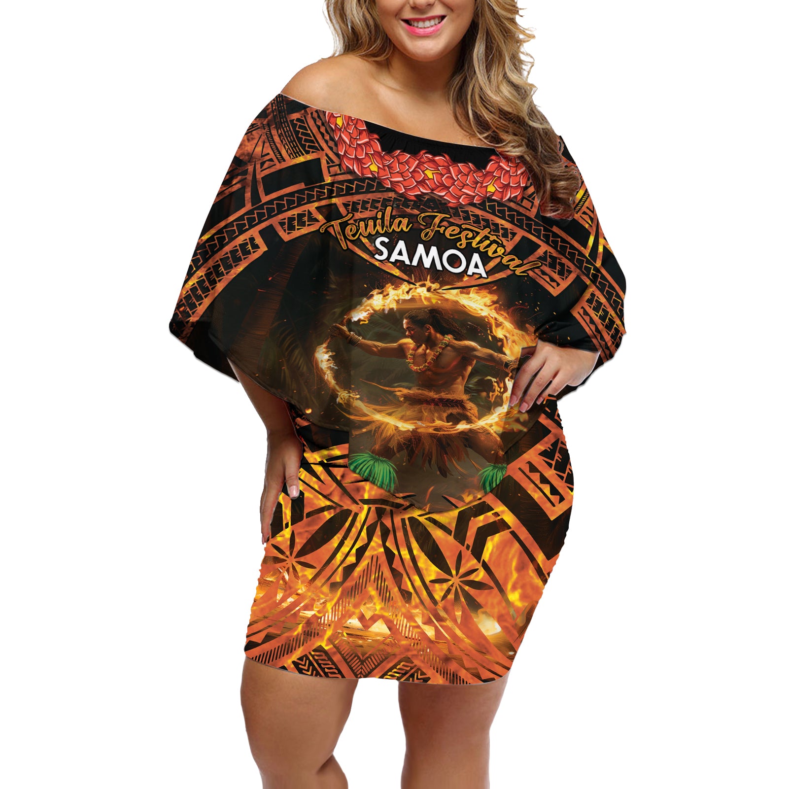 Samoa Teuila 2024 Festival Off Shoulder Short Dress Samoan Siva Afi With Red Gingers