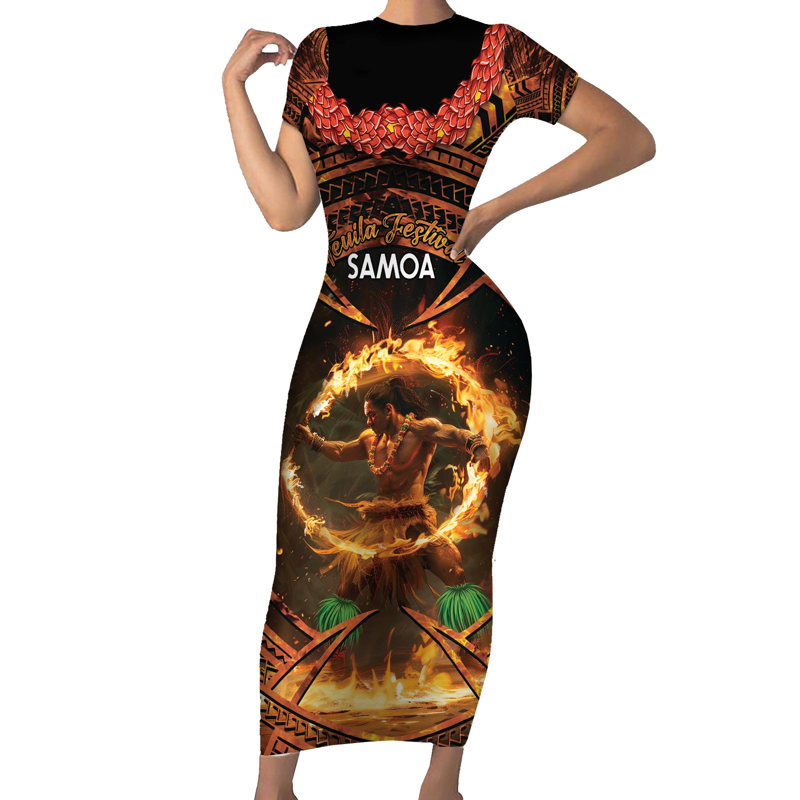 Samoa Teuila 2024 Festival Short Sleeve Bodycon Dress Samoan Siva Afi With Red Gingers